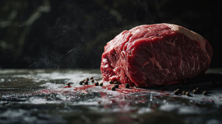 Raw fresh beef steak with pepper and salt on a black background.の素材