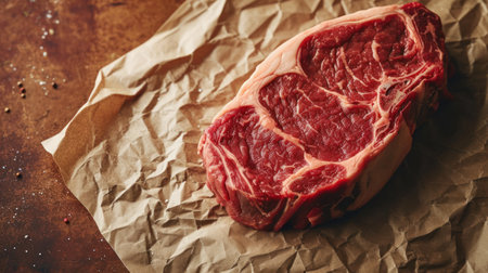 Raw fresh marbled beef steak on crumpled paper, top viewの素材