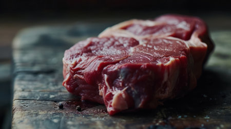 Raw beef steak on a cutting board, rustic style, selective focusの素材