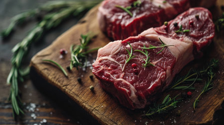 Raw rib eye steak with rosemary and spices on wooden cutting boardの素材