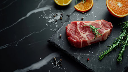 Fresh raw meat with spices on a black background, top view.の素材