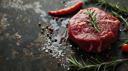 Raw beef steak with rosemary, pepper and salt on dark backgroundの素材