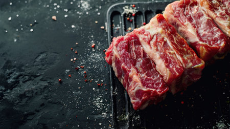 Raw beef steak on a black background. Top view. Copy space.の素材