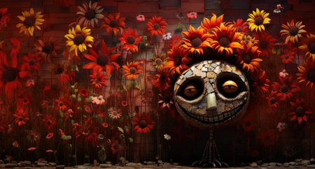 Day of the Dead skull with flowers on the wall. 3d illustrationの素材