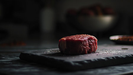 Raw beefsteak on a black cutting board. Selective focus.の素材