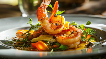 Fried shrimps with herbs and vegetables on a white plateの素材