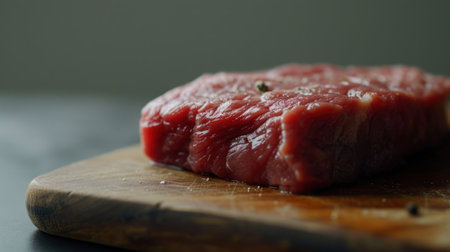 Raw beef steak on a cutting board. Selective focus, shallow depth of field.の素材