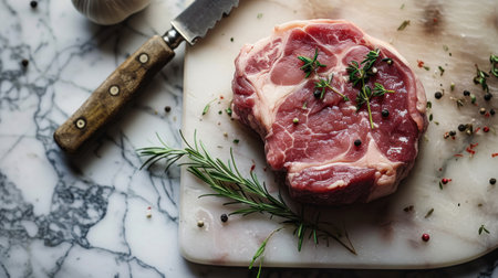 Raw pork steak with rosemary, garlic and pepperle boardの素材