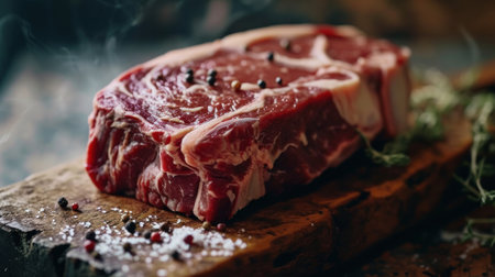 Raw beef steak on a cutting board with spices and herbs, selective focusの素材