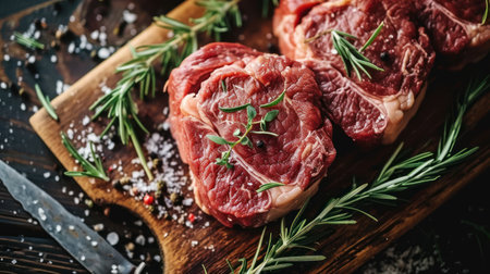 Raw beef steak with rosemary and spices on a cutting board.の素材