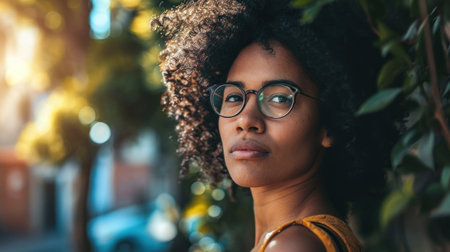 Portrait of a beautiful young african american woman with curly hair and glasses.の素材