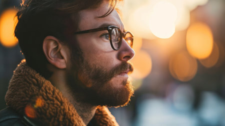 Portrait of a handsome young man with beard and glasses in the cityの素材