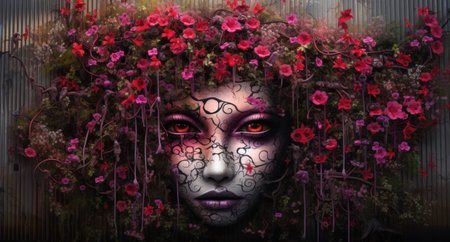 Portrait of a beautiful woman with fantasy make-up and flowersの素材