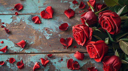 Red roses and petals on rustic wooden background. Valentines day backgroundの素材