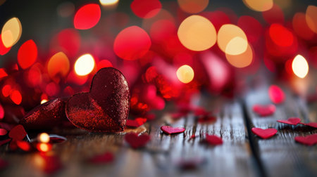 Valentine's day background with red hearts and bokeh lightsの素材
