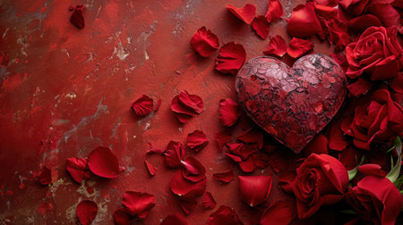 Valentine's day background with red rose petals and heartの素材