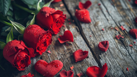 Bouquet of red roses with drops of dew on a wooden backgroundの素材