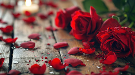 Valentines day background with red roses and candles on wooden tableの素材