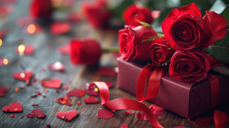 Valentine's day background with red roses and gift box on wooden tableの素材