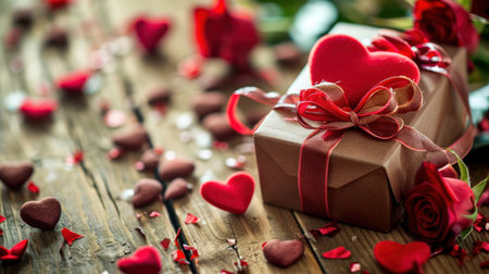 Valentines day background with gift box and red hearts on wooden tableの素材