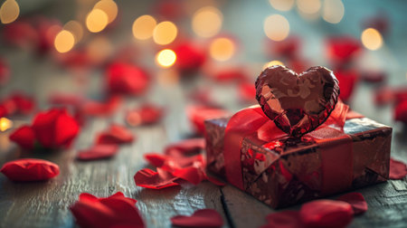 Valentines day background with red hearts and gift box on wooden tableの素材