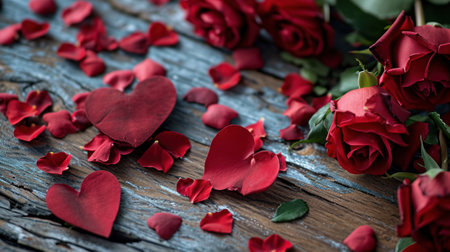 Red roses and hearts on old wooden background. Valentines day conceptの素材
