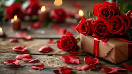 Valentine's Day background with red roses and gift box on wooden tableの素材