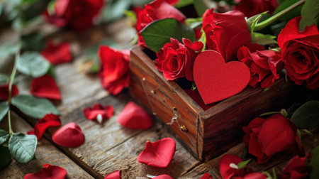 Valentine's Day concept. Red roses and red hearts on rustic wooden backgroundの素材