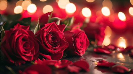 Red roses and candles on a dark background with bokeh effectの素材