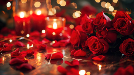 Beautiful red roses and candles on wooden background with bokehの素材