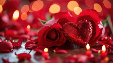 Red rose petals and two hearts on a wooden table with bokeh backgroundの素材