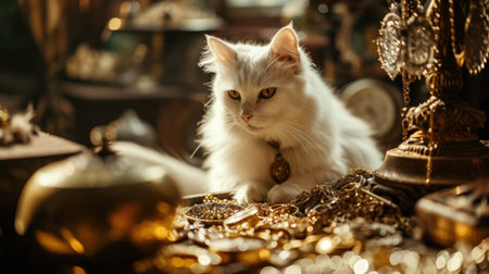 Cute white cat on the background of golden jewelry. Luxury backgroundの素材
