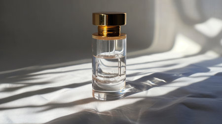 Bottle of perfume on a white background with shadows from the sunの素材