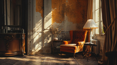 Vintage interior with armchair, table and fireplace. Retro style.の素材