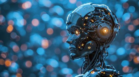 3d rendering humanoid robot in blue light bokeh background.の素材