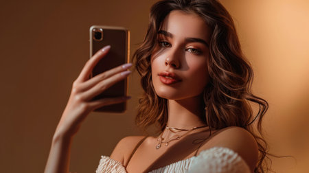 attractive young woman taking selfie on smartphone, isolated on beigeの素材