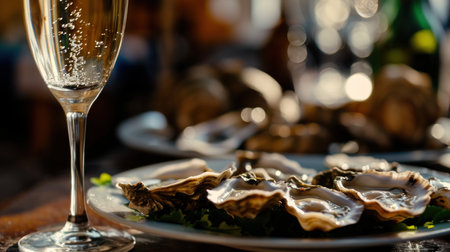 Fresh oysters and glass of champagne on wooden table, closeupの素材