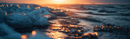 Ice on the Baltic Sea at sunset. Beautiful winter landscape with ice floes.の素材