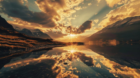 Sunset over a lake in the mountains. 3d render.の素材