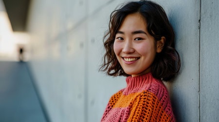 Young beautiful Asian woman in a red sweater posing against a gray wallの素材