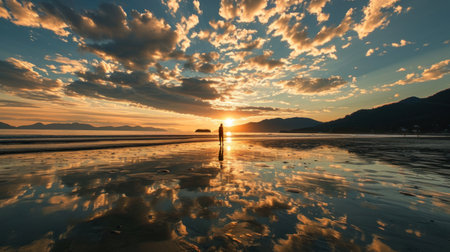 Silhouette of a woman walking on the beach at sunset.の素材