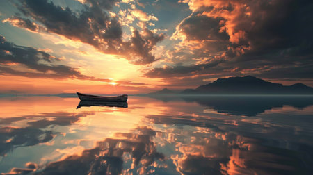 Fishing boat on the lake at sunset. 3d render.の素材