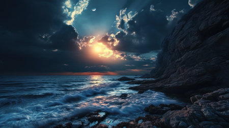 Beautiful seascape. Sunset over sea. 3d renderingの素材