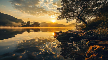 Beautiful sunrise over the lake in the morning. Landscape of nature.の素材