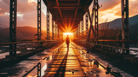 A man walking on the old bridge over the river at sunset.の素材