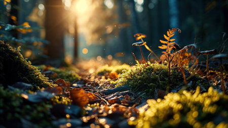 Moss and fern in the forest at sunset. Nature backgroundの素材