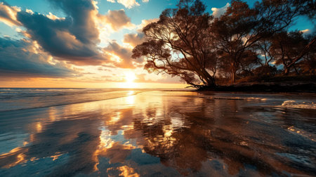 Sunset over the beach with eucalyptus trees, Australiaの素材