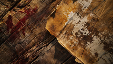 Old paper on old wooden background. Grunge background with copy spaceの素材