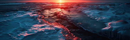 Panoramic view of the frozen river at sunset. Beautiful winter landscape.の素材