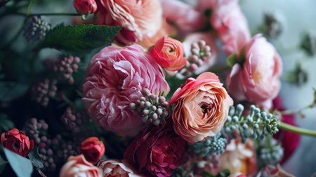 Beautiful bouquet of different flowers in a vase on the tableの素材